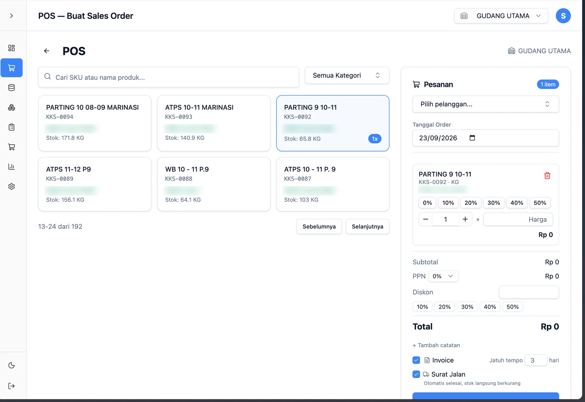 Point of sale — pick products, set discounts, and issue invoice and delivery note in one step