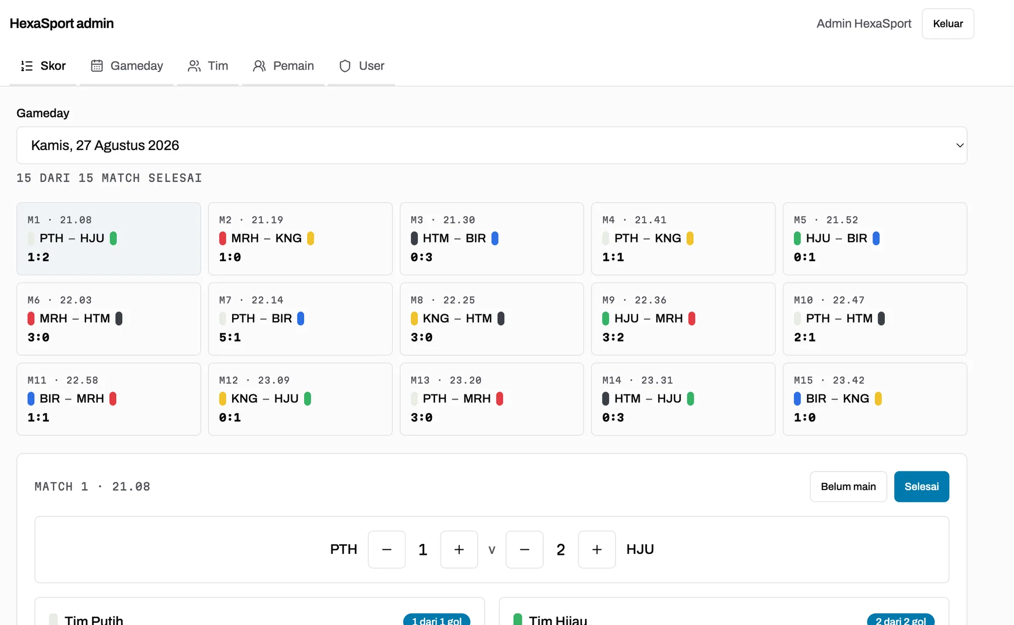 Admin scoring — every match of the gameday, updated live from the pitch