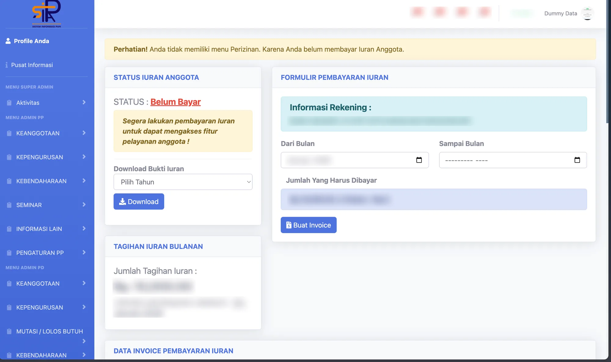 Member view — dues status, monthly bill and online payment form
